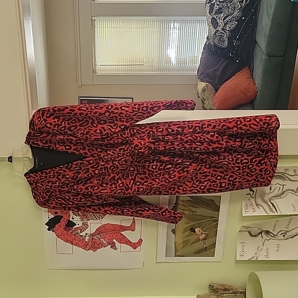 BANANA REPUBLIC Puff Sleeve Red Leopard Print Wrap Dress, Size 2 - Picture 3 of 7
